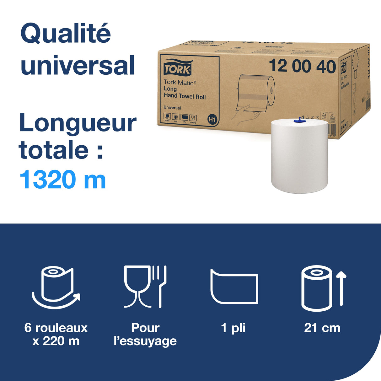 ESSUIE-MAINS ROULEAU TORK MATIC® UNIVERSAL H1 BLANC 220M 1 PLI ECOLABEL X6