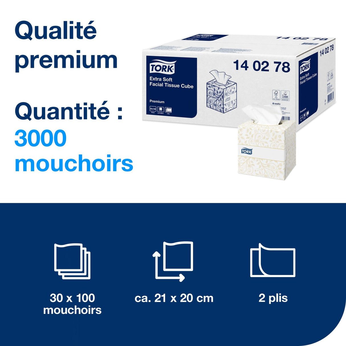 MOUCHOIRS BOÎTE CUBIQUE TORK® PREMIUM BLANC 100 FORMATS 2 PLIS ECOLABEL X30