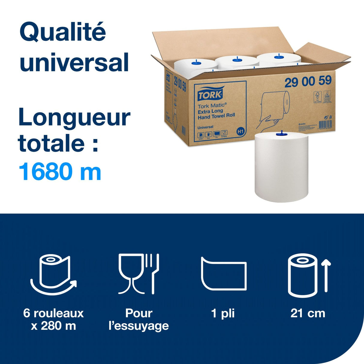 ESSUIE-MAINS ROULEAU TORK MATIC® UNIVERSAL H1 BLANC 280M 1 PLI ECOLABEL X6