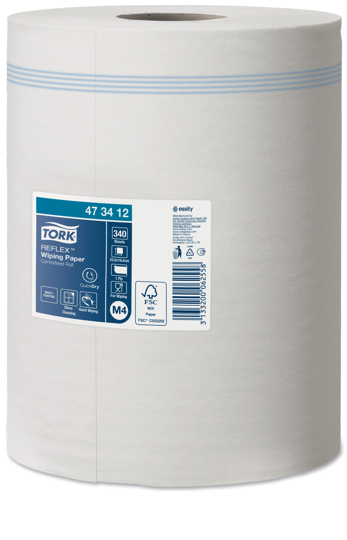 BOBINE DEVIDAGE CENTRAL TORK REFLEX M4 BLANC 340 FORMATS 1PLI 19,4X33,5CM ECOLABEL X6