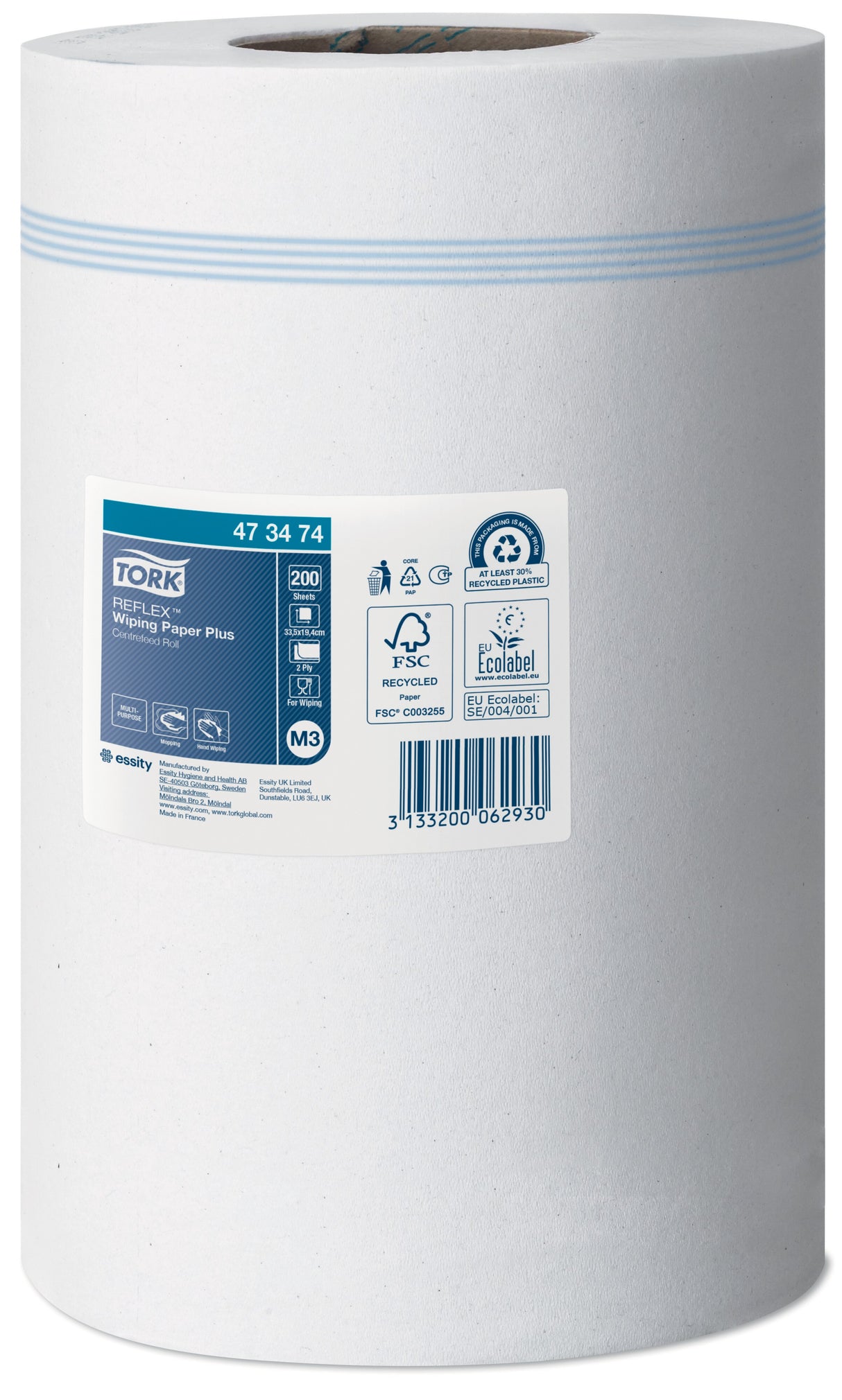 BOBINE DEVIDAGE CENTRAL TORK REFLEX M3 BLANC 200 FORMATS 2 PLIS 19,4X33,5CM ECOLABEL X9