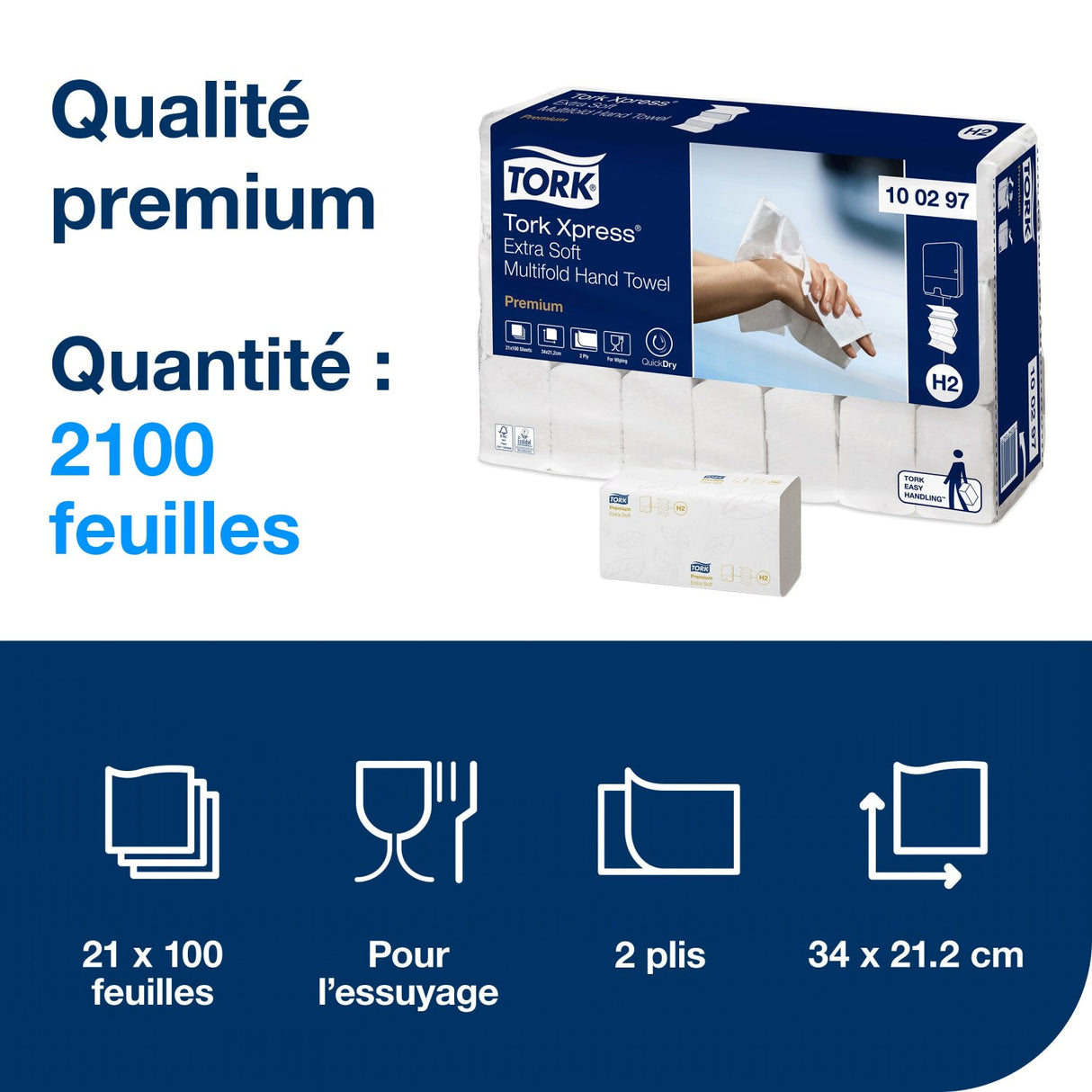 ESSUIE-MAINS PLIÉS EN M TORK® PREMIUM H2 BLANC 34X21.2CM 100 FORMATS 2 PLIS ECOLABEL X21