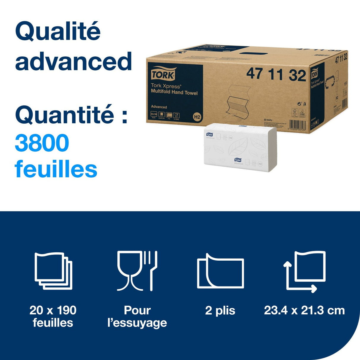 ESSUIE-MAINS PLIÉS EN Z TORK® ADVANCED H2 BLANC 23.4X21.3CM 190 FORMATS 2 PLIS ECOLABELX20