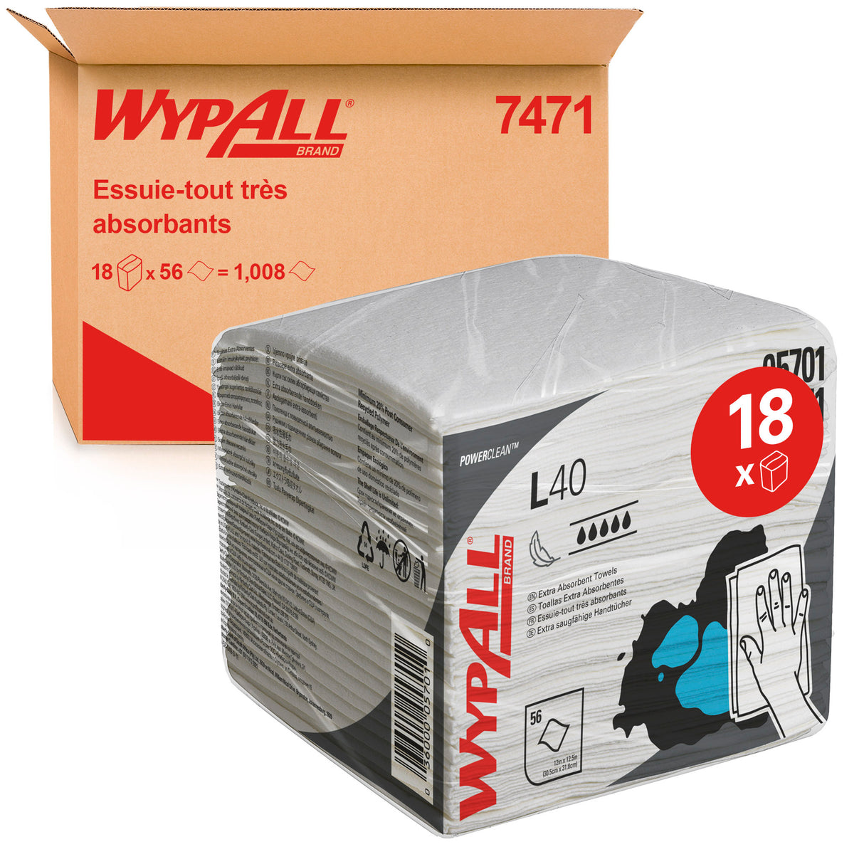 LAVETTE NON TISSEE USAGE UNIQUE WYPALL L40 BLANC 56 FORMATS 31,5X33CM X18