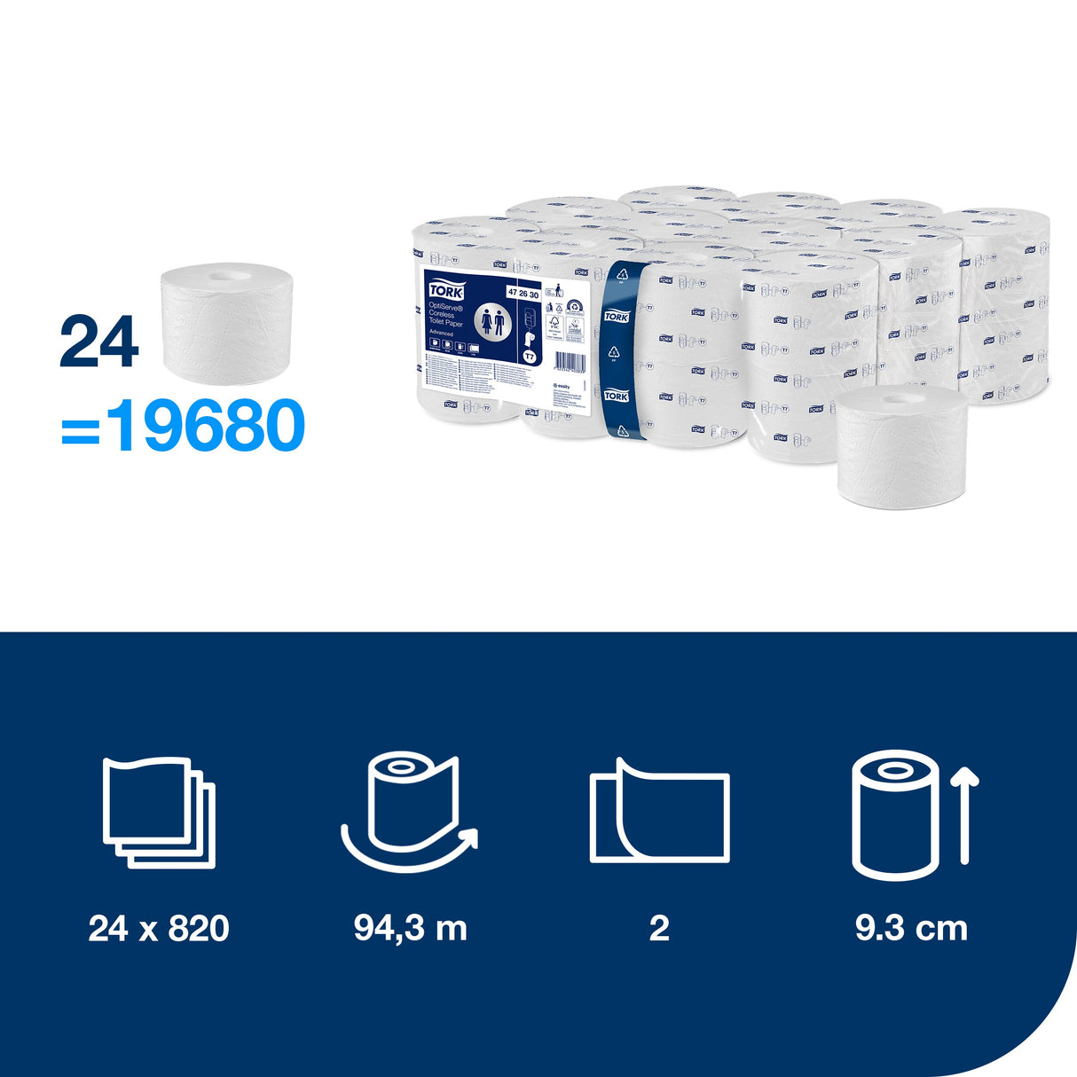 PAPIER TOILETTE PETIT ROULEAU TORK® T7 ADVANCED BLANC SANS MANDRIN 820 FORMATS 2 PLIS ECOLABEL X24