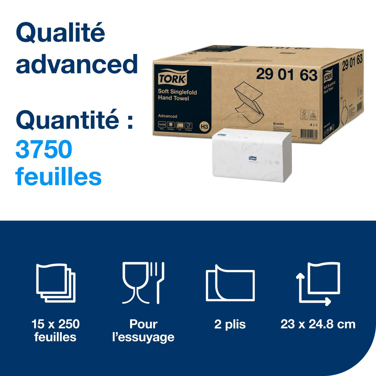 ESSUIE-MAINS PLIÉS EN V TORK® ADVANCED H3 BLANC 23X24.8CM 250 FORMATS 2 PLIS ECOLABEL X15