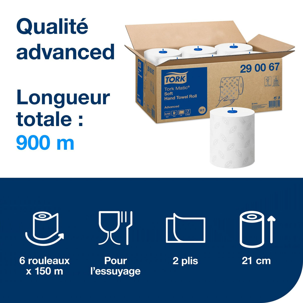 ESSUIE-MAINS ROULEAU TORK MATIC® ADVANCED H1 BLANC 150M 2 PLIS ECOLABEL X6