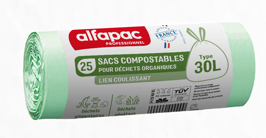 SAC POUBELLE 30L COMPOSTABLE LIEN COULISSANT VERT X250