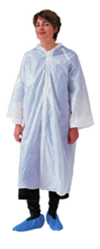 BLOUSE VISITEUR POLYETHYLÈNE À BOUTONS PRESSIONS SANS POCHE 15µ TAILLE UNIQUE BLANC X10