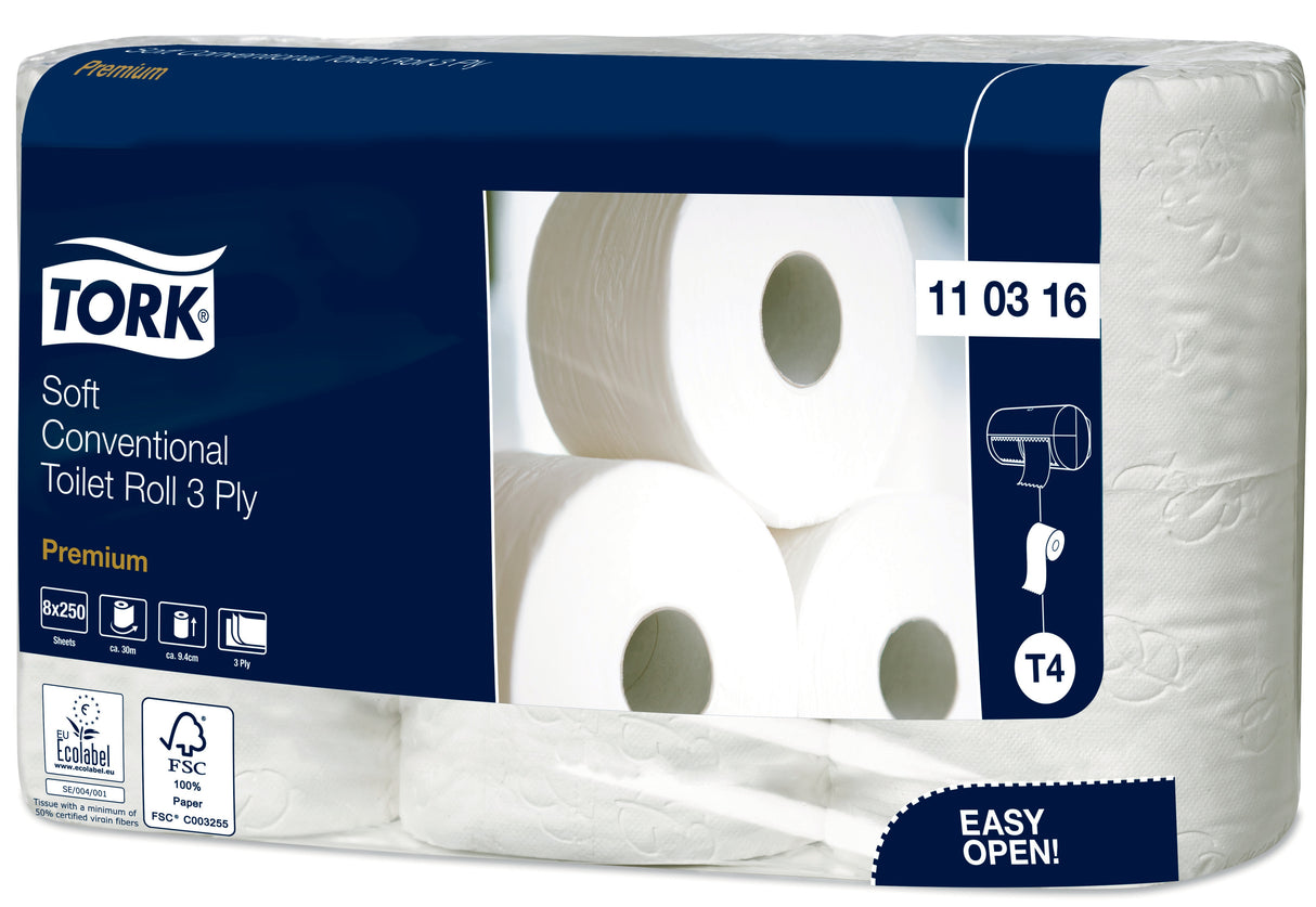 PAPIER TOILETTE PETIT ROULEAU TORK® PREMIUM T4 BLANC 250 FORMATS 3 PLIS ECOLABEL X72