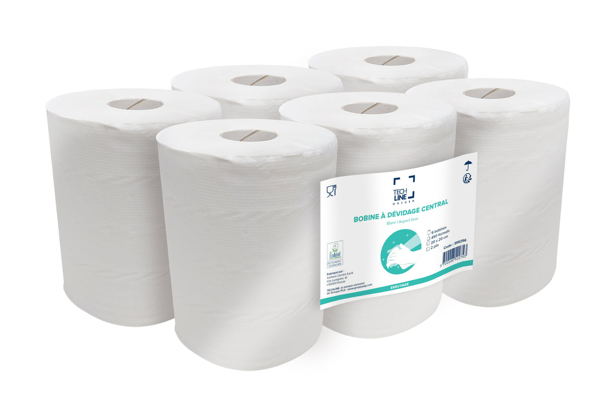 BOBINE DEVIDAGE CENTRAL TECHLINE BLANC 450 FORMATS 2 PLIS 20X20CM ECOLABEL X6