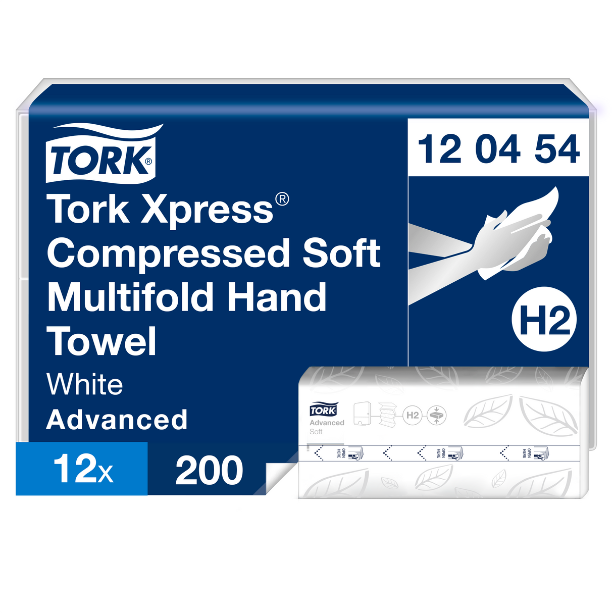 ESSUIE-MAINS COMPRESSÉS PLIÉS EN M TORK XPRESS® H2 ADVANCED BLANC 32X21.2CM 200 FORMATS 2 PLIS ECOLABEL X12