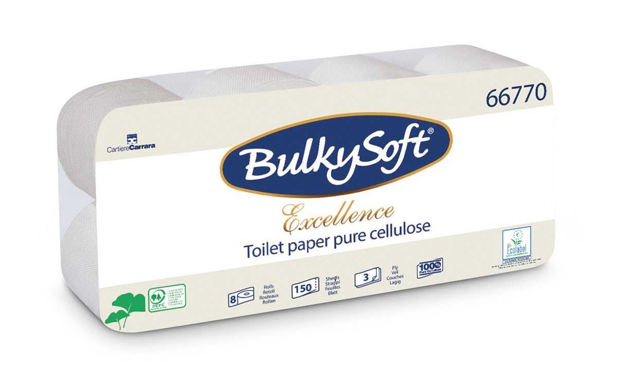 PAPIER TOILETTE PETIT ROULEAU BULKYSOFT® BLANC 150 FORMATS 3 PLIS ECOLABEL X96
