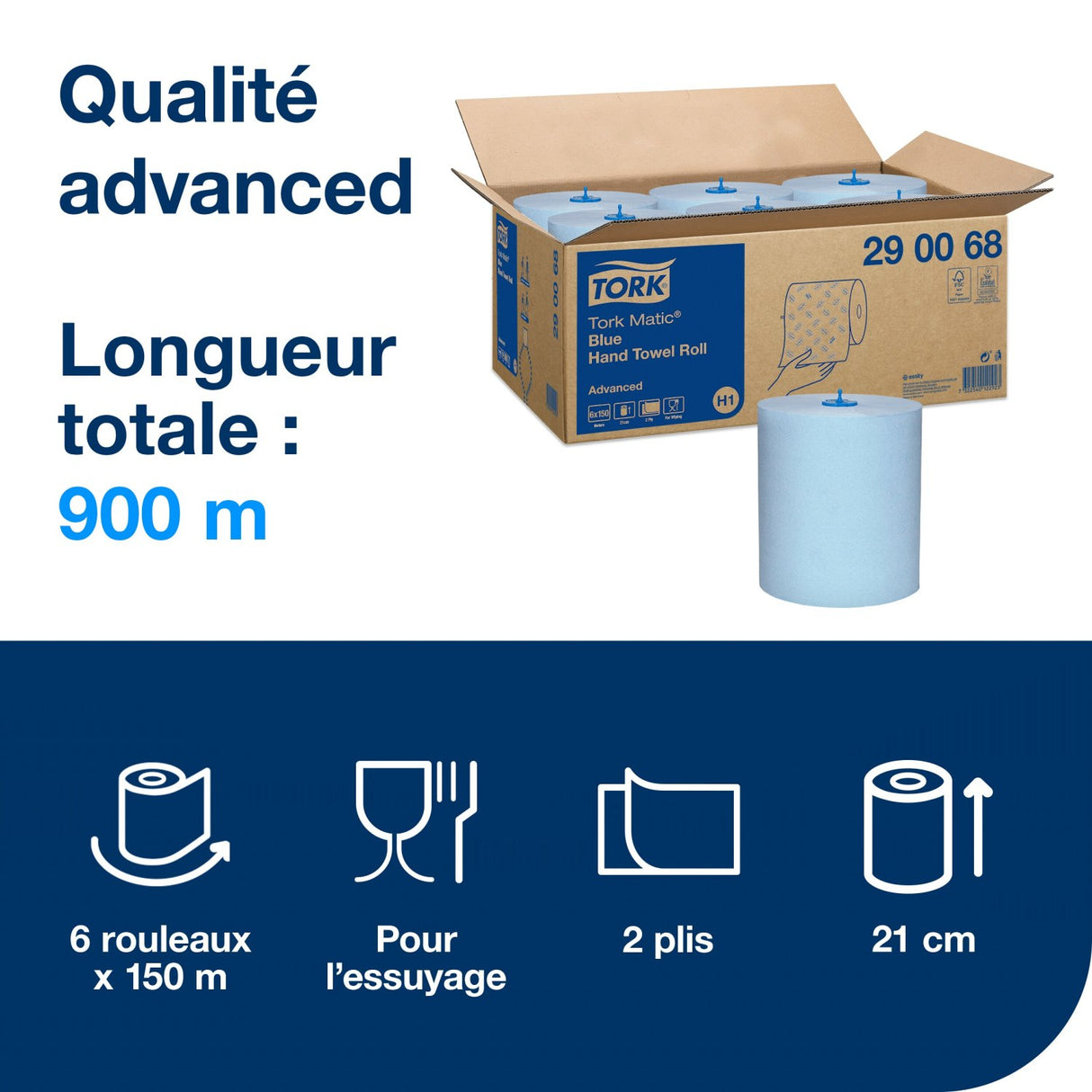 ESSUIE-MAINS ROULEAU TORK MATIC® ADVANCED H1 BLEU 150M 2 PLIS ECOLABEL X6