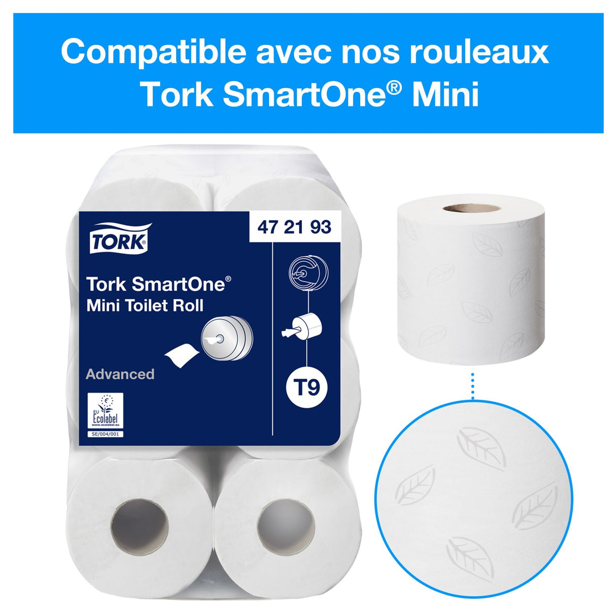 DISTRIBUTEUR DE PAPIER TOILETTE À DÉVIDAGE CENTRAL TORK SMARTONE® T9 MINI BLANC