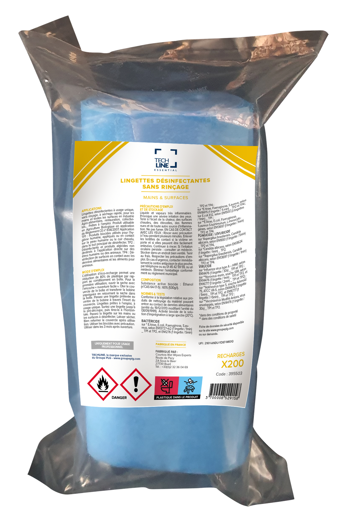 LINGETTES DESINFECTANTES SURFACES ALIMENTAIRES TECHLINE RECHARGE 9X200
