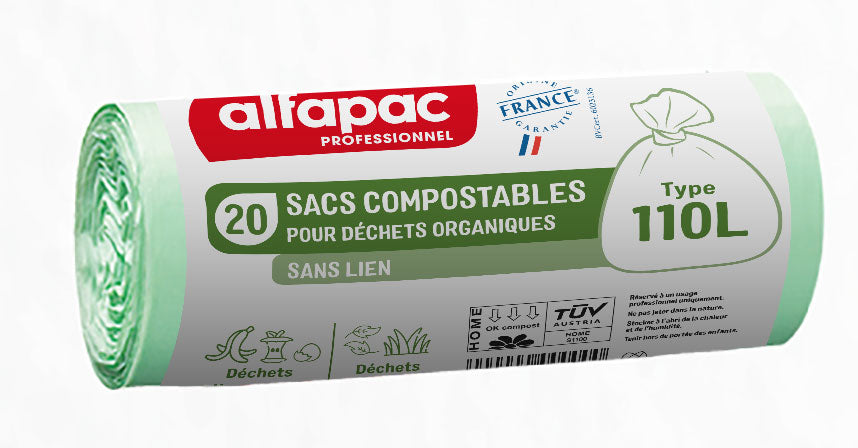 SAC POUBELLE 110L COMPOSTABLE DECHETS MOYENS SANS LIEN VERT X200