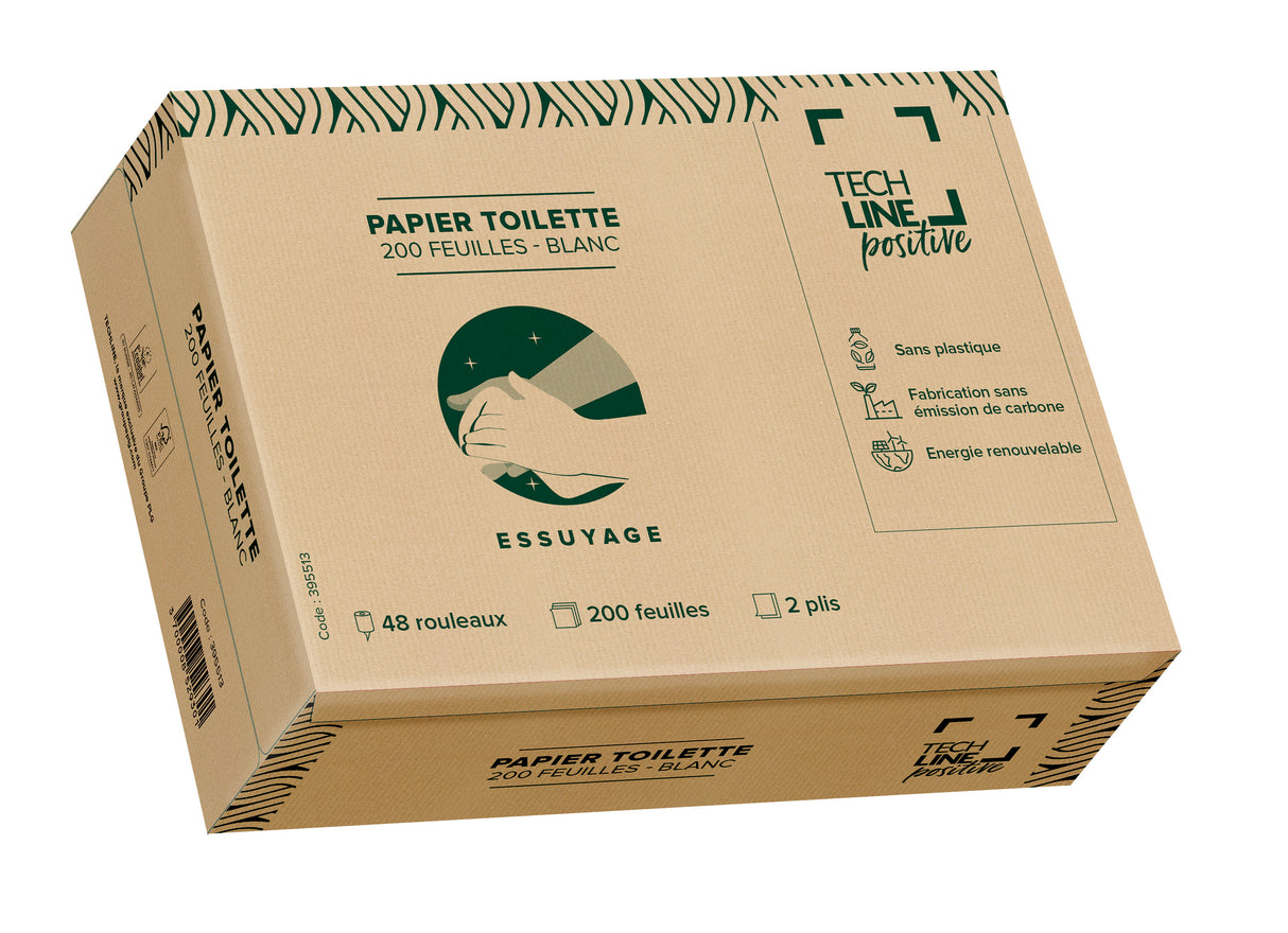 PAPIER TOILETTE PETIT ROULEAU TECHLINE POSITIVE BLANC 200 FORMATS 2 PLIS ECOLABEL X48