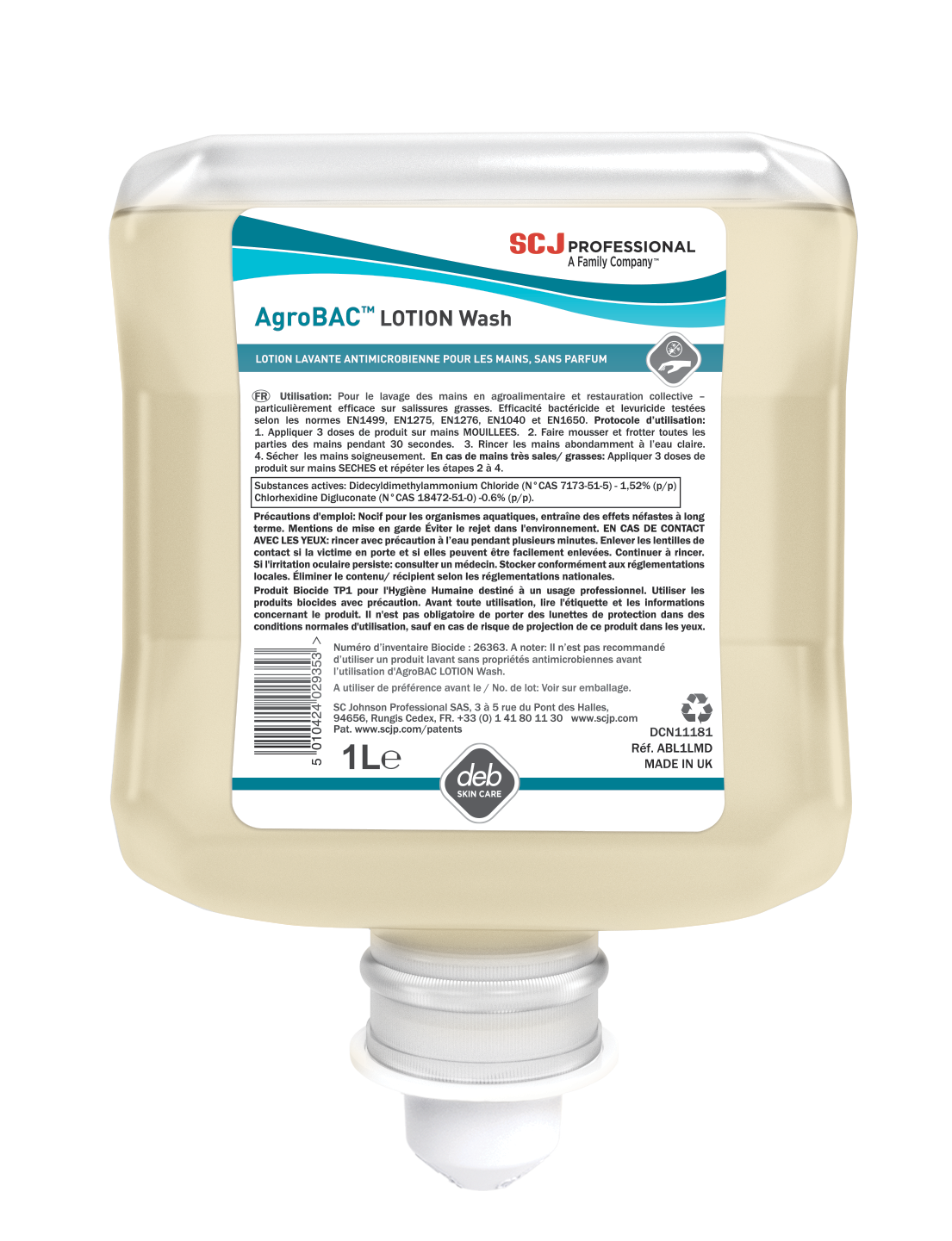 SAVON ANTIMICROBIEN AGROBAC® LOTION WASH CARTOUCHE 1L X6