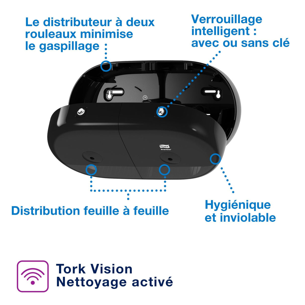 DISTRIBUTEUR DE PAPIER TOILETTE À DÉVIDAGE CENTRAL TORK SMARTONE® MINI DOUBLE T9 NOIR