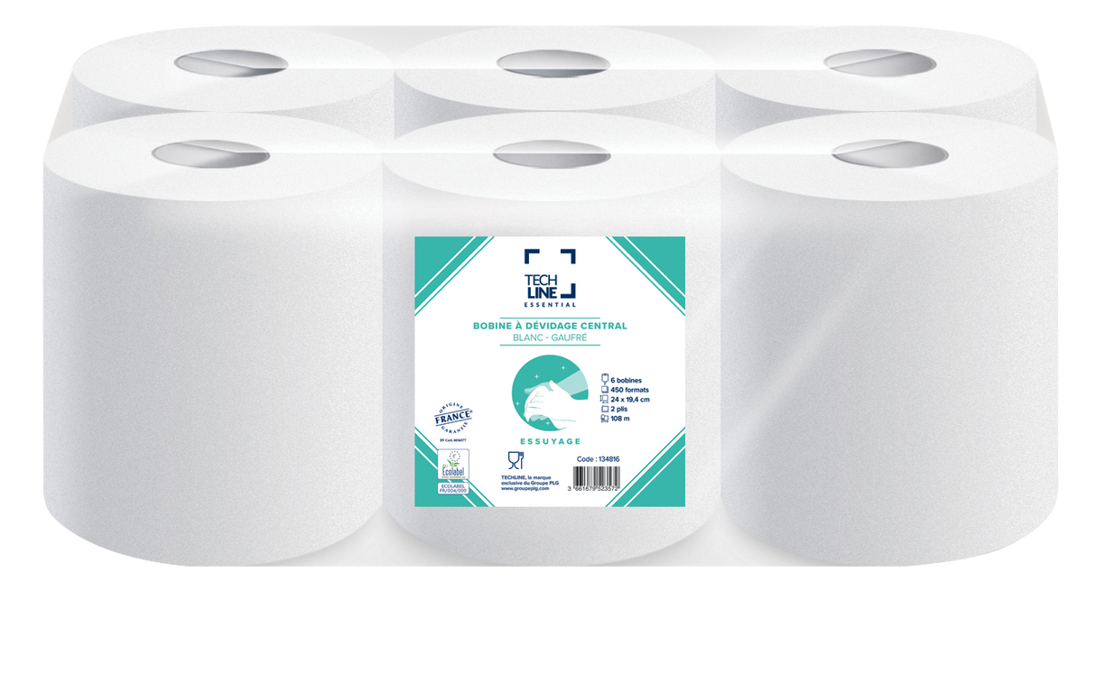 BOBINE DEVIDAGE CENTRAL BLANC 450 FORMATS 2 PLIS 20X24CM TECHLINE ECOLABEL X6