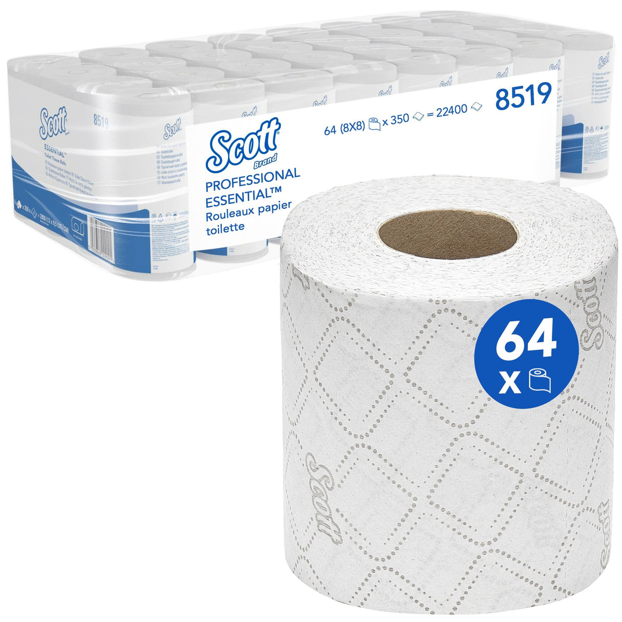 PAPIER TOILETTE PETIT ROULEAU SCOTT® ESSENTIAL™ BLANC 350 FORMATS 2 PLIS ECOLABEL X64