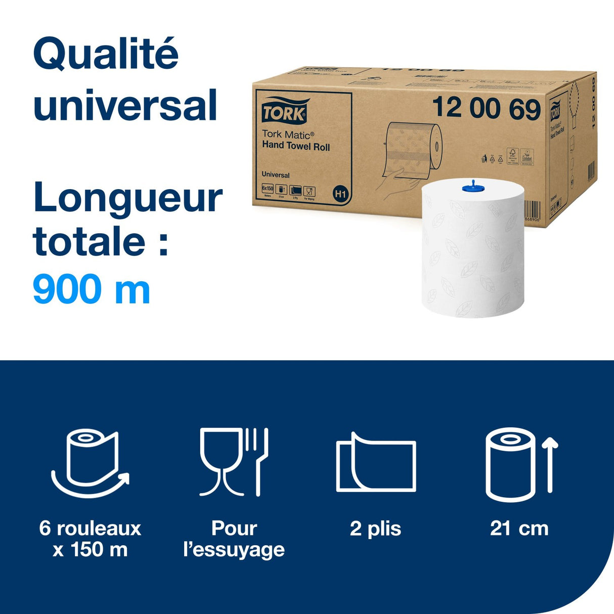 ESSUIE-MAINS ROULEAU TORK MATIC® UNIVERSAL H1 BLANC 150M 2 PLIS ECOLABEL X6