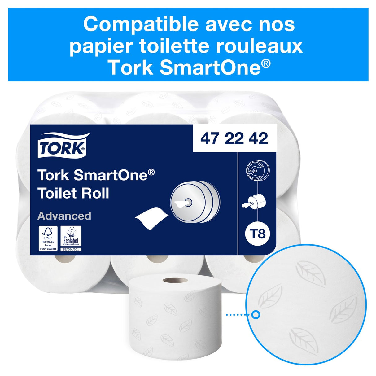 DISTRIBUTEUR DE PAPIER TOILETTE À DÉVIDAGE CENTRAL TORK SMARTONE® T8 BLANC