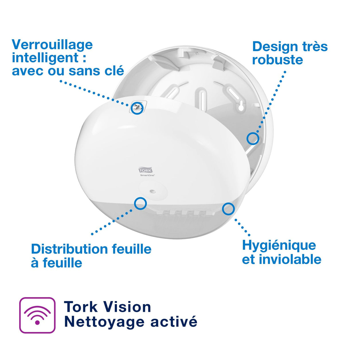 DISTRIBUTEUR DE PAPIER TOILETTE À DÉVIDAGE CENTRAL TORK SMARTONE® T8 BLANC