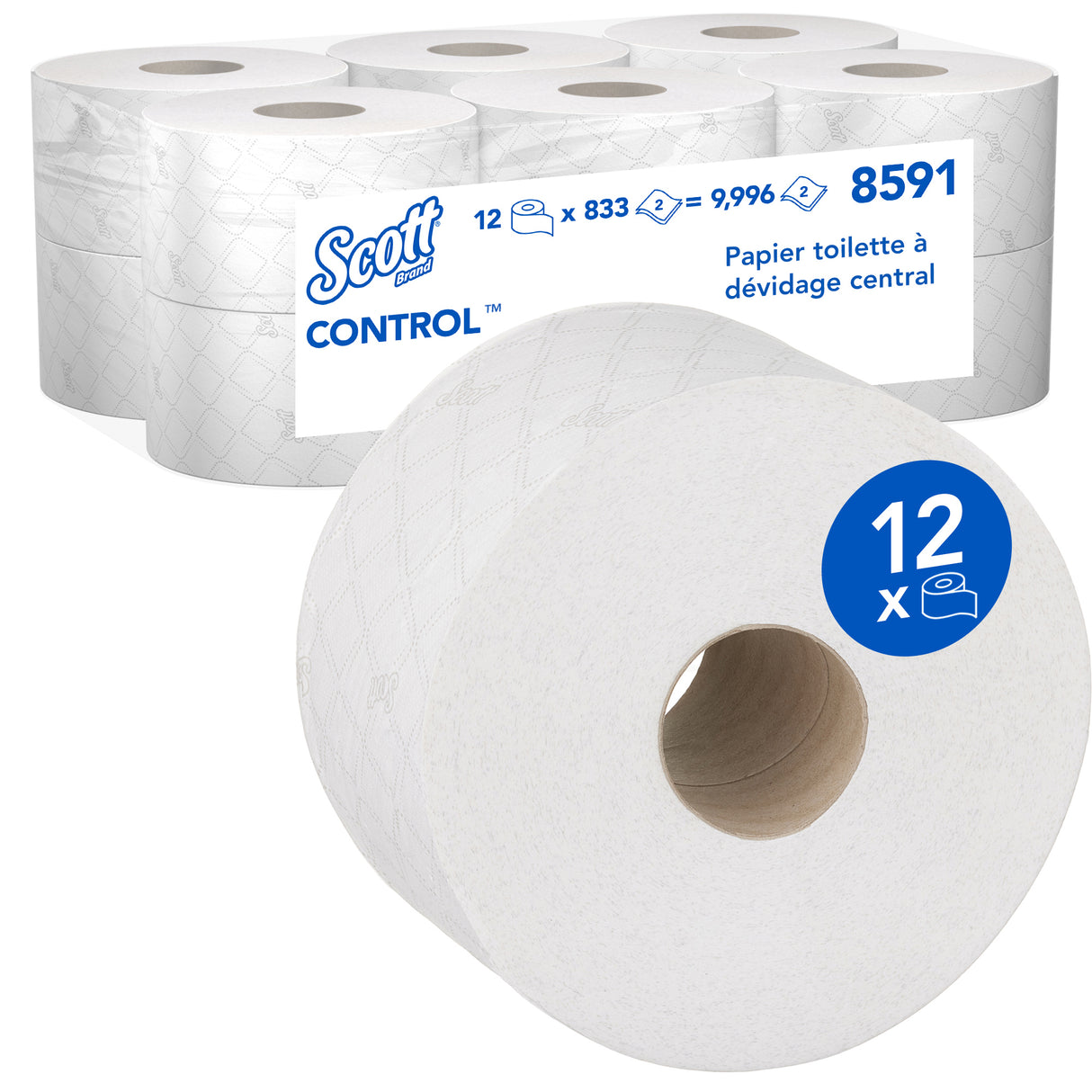 PAPIER TOILETTE À DÉVIDAGE CENTRAL SCOTT® CONTROL™ MINI TWIN BLANC 833 FORMATS 2 PLIS ECOLABEL X12