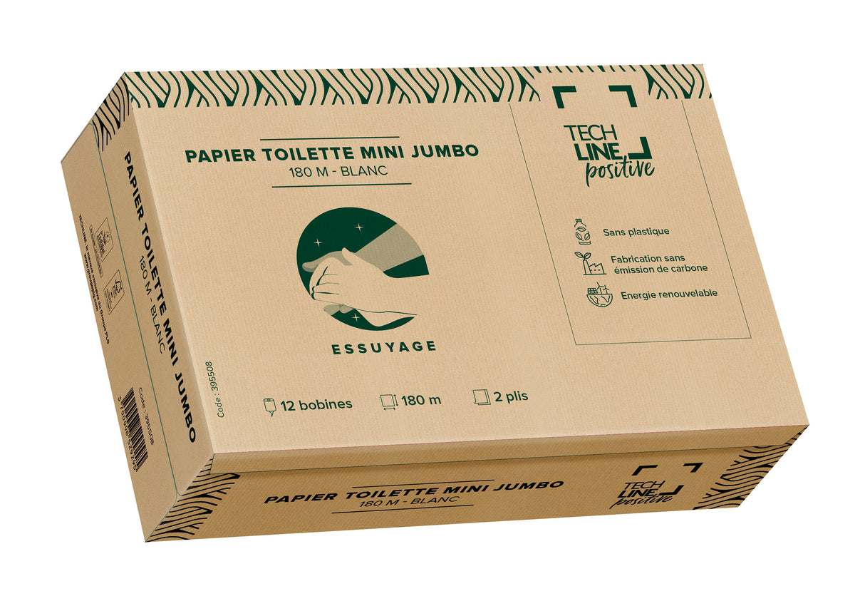 PAPIER TOILETTE JUMBO TECHLINE POSITIVE 180M BLANC 2 PLIS ECOLABEL X12