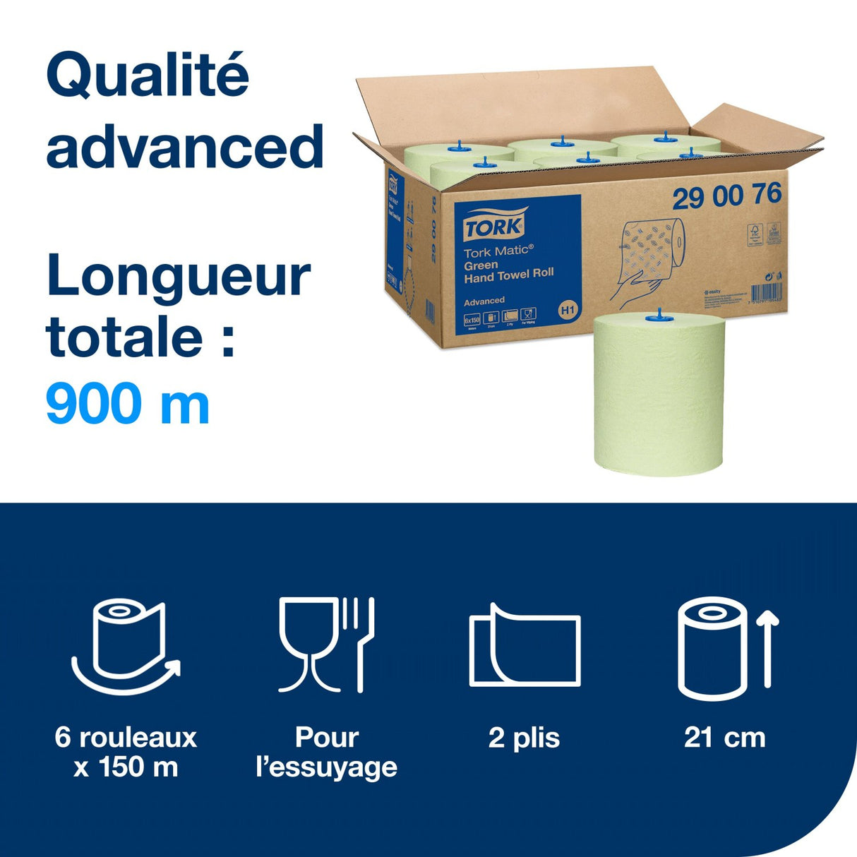 ESSUIE-MAINS ROULEAU TORK MATIC® ADVANCED H1 VERT 150M 2 PLIS ECOLABEL X6