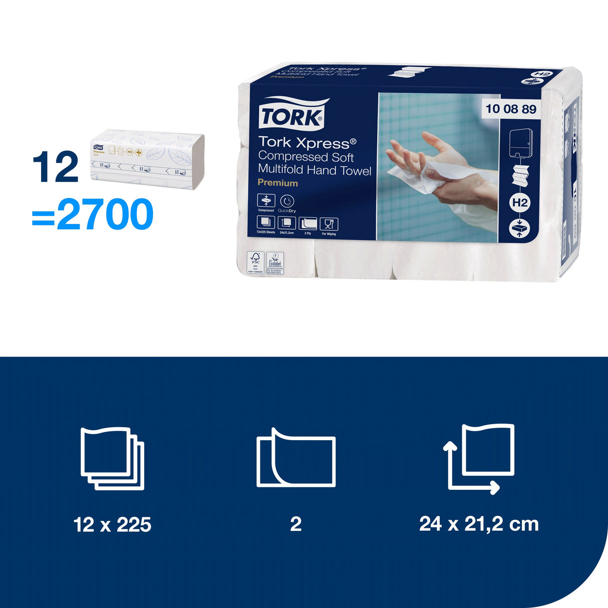 ESSUIE-MAINS COMPRESSÉS PLIÉS EN Z TORK XPRESS® H2 PREMIUM BLANC 24X21,2CM 225 FORMATS 2 PLIS ECOLABEL X12