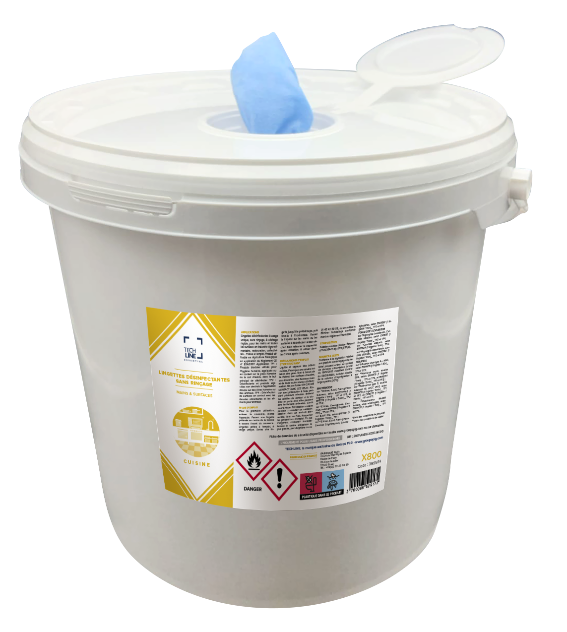 LINGETTES DESINFECTANTES SURFACES ALIMENTAIRES TECHLINE SEAU X800