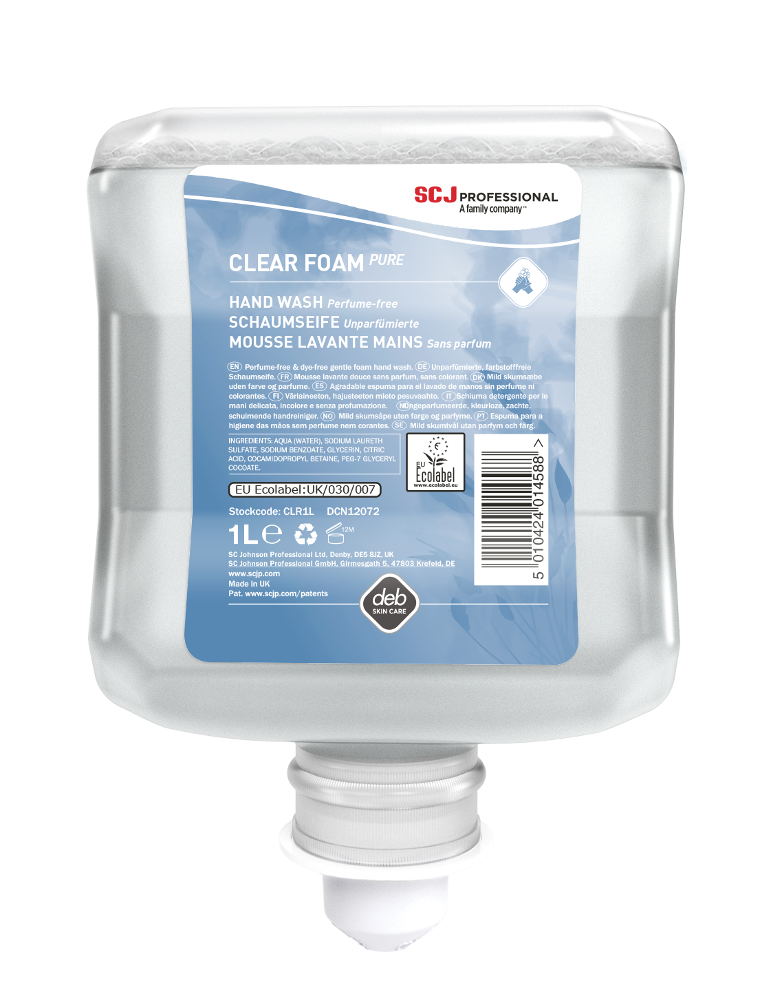 SAVON MOUSSE MAINS CORPS & CHEVEUX CLEAR FOAM PURE CARTOUCHE 1L X6