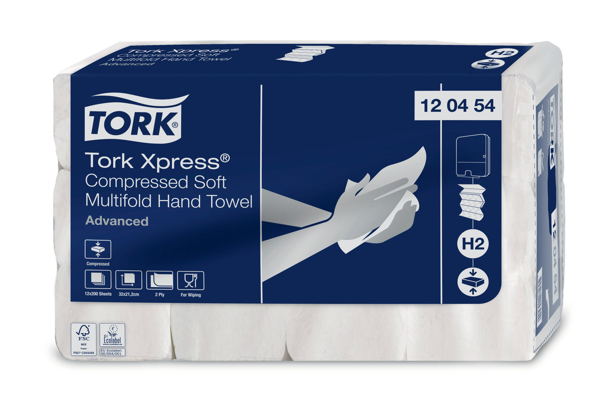 ESSUIE-MAINS COMPRESSÉS PLIÉS EN M TORK XPRESS® H2 ADVANCED BLANC 32X21.2CM 200 FORMATS 2 PLIS ECOLABEL X12