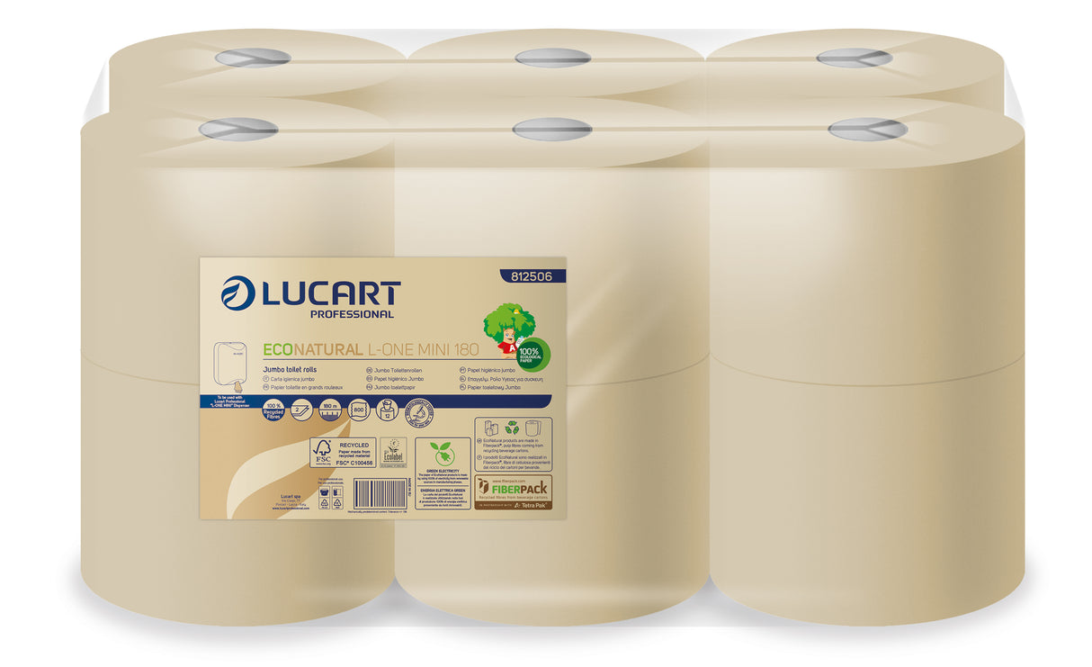 PAPIER TOILETTE À DÉVIDAGE CENTRAL ECONATURAL L-ONE HAVANE 800 FORMATS 2 PLIS ECOLABEL X12