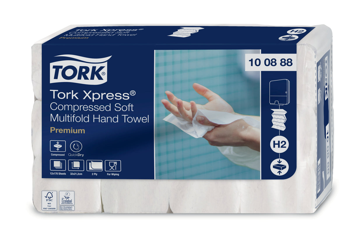 ESSUIE-MAINS COMPRESSÉS PLIÉS EN M TORK XPRESS® H2 PREMIUM BLANC 32X21,2CM 170 FORMATS 2 PLIS ECOLABEL X12