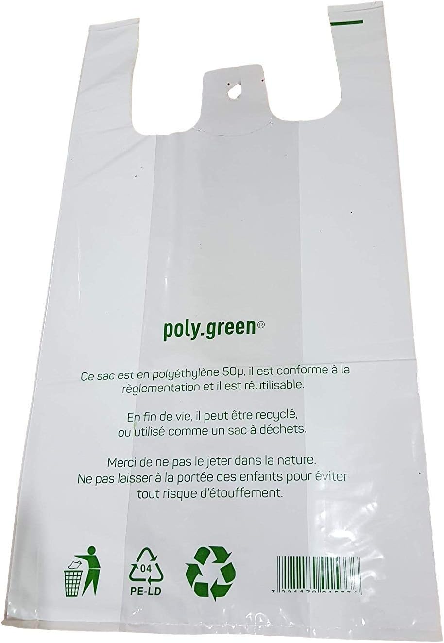 SAC BRETELLES POLYETHYLÈNE BASSE DENSITÉ 50µ 26+12X45CM BLANC LIASSE X500