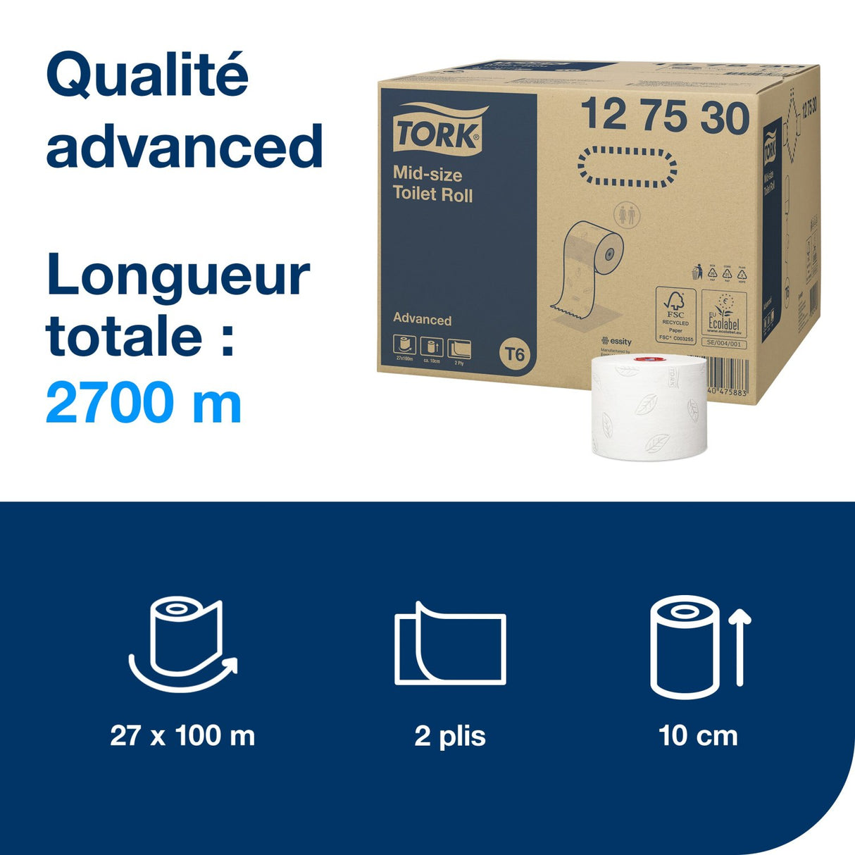 PAPIER TOILETTE PETIT ROULEAU TORK® ADVANCED T6 BLANC 100M 2 PLIS X27