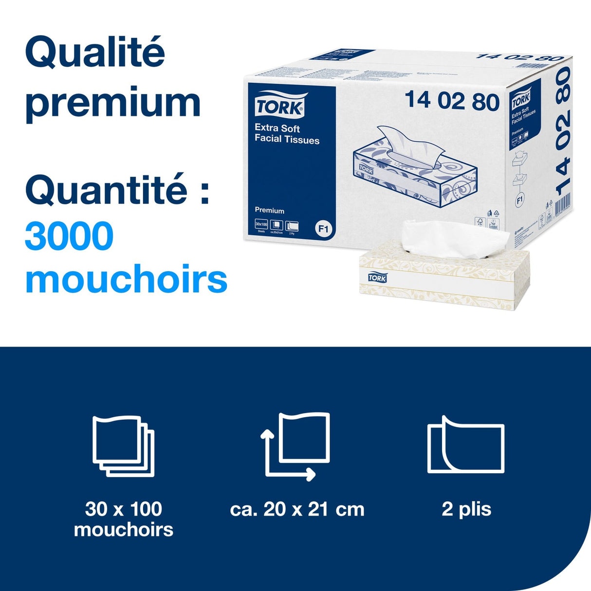 MOUCHOIRS BOÎTE RECTANGLE TORK® PREMIUM F1 BLANC 100 FORMATS 2 PLIS ECOLABEL X30