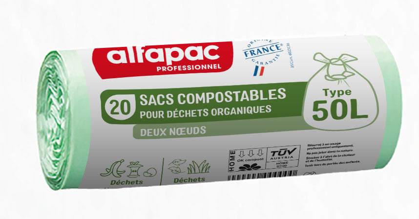 SAC POUBELLE 50L COMPOSTABLE 2 NOEUDS TRANSPARENT X500