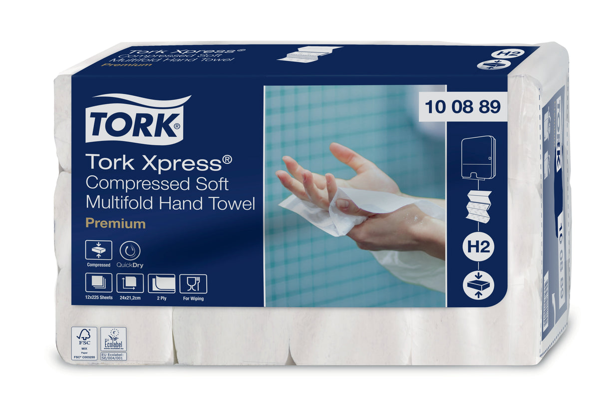 ESSUIE-MAINS COMPRESSÉS PLIÉS EN Z TORK XPRESS® H2 PREMIUM BLANC 24X21,2CM 225 FORMATS 2 PLIS ECOLABEL X12