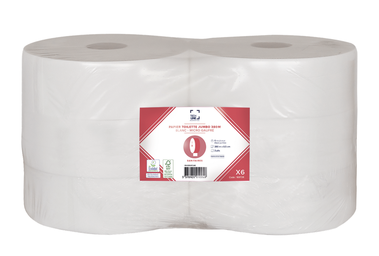 PAPIER TOILETTE JUMBO BLANC 380M 2 PLIS ECOLABEL X6