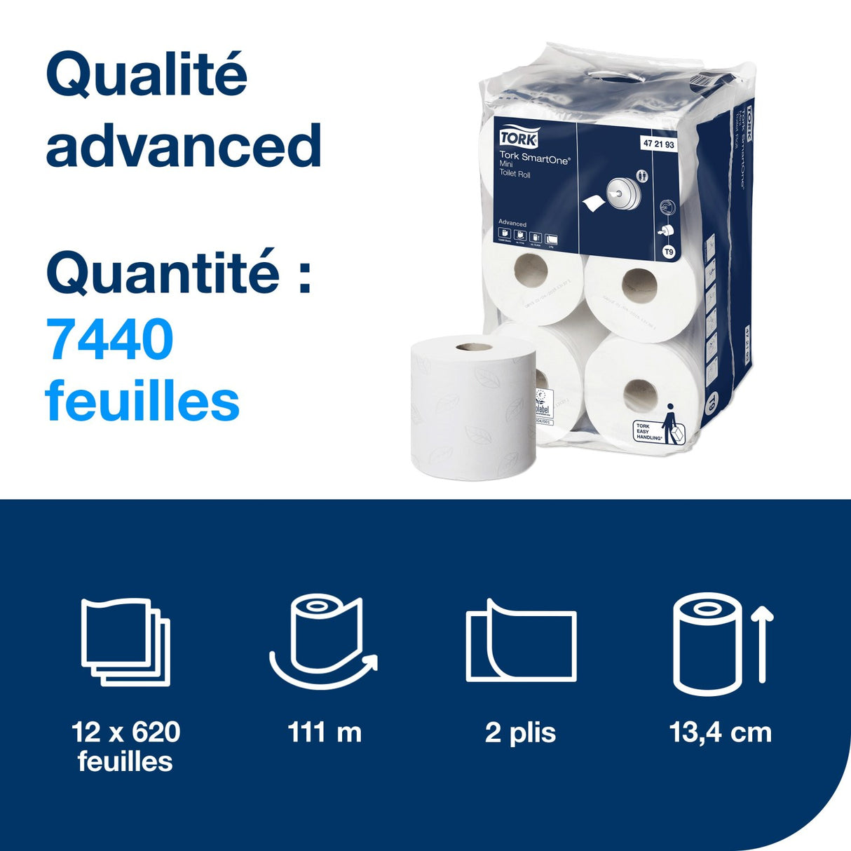 PAPIER TOILETTE À DÉVIDAGE CENTRAL TORK SMARTONE® T9 BLANC 620 FORMATS 2 PLIS ECOLABEL X12