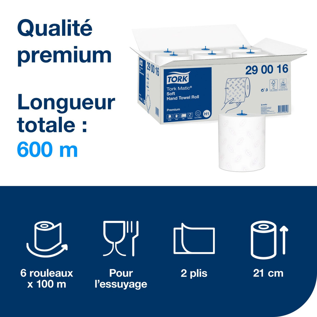 ESSUIE-MAINS ROULEAU TORK MATIC® PREMIUM H1 BLANC 100M 2PLIS X6