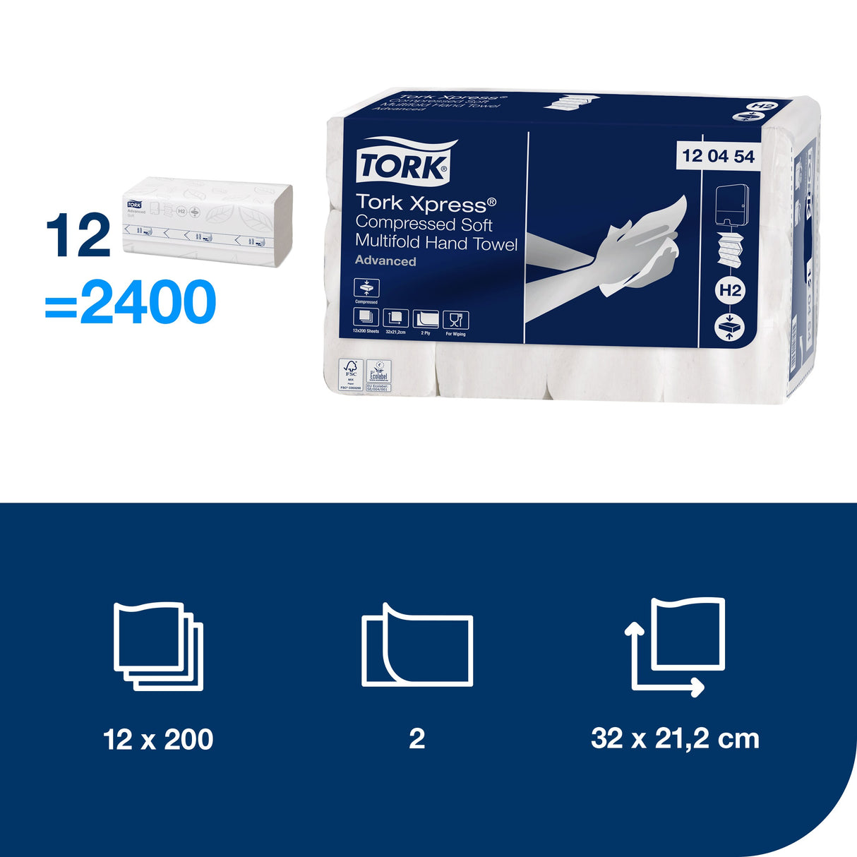 ESSUIE-MAINS COMPRESSÉS PLIÉS EN M TORK XPRESS® H2 ADVANCED BLANC 32X21.2CM 200 FORMATS 2 PLIS ECOLABEL X12