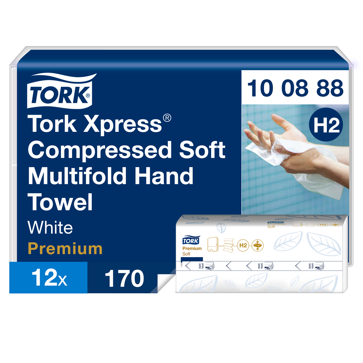 ESSUIE-MAINS COMPRESSÉS PLIÉS EN M TORK XPRESS® H2 PREMIUM BLANC 32X21,2CM 170 FORMATS 2 PLIS ECOLABEL X12