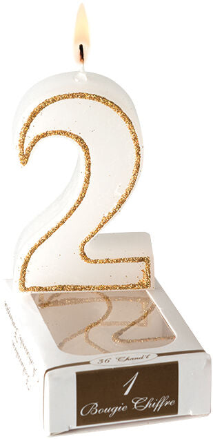 BOUGIES CHIFFRES BLANCHES AVEC LISERÉ OR, N°1 X12