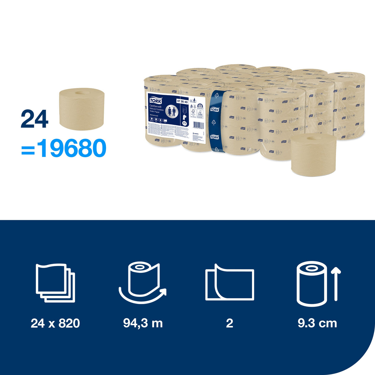 PAPIER TOILETTE PETIT ROULEAU TORK® T7  ADVANCED NATUREL SANS MANDRIN 820 FORMATS 2 PLIS ECOLABEL X24